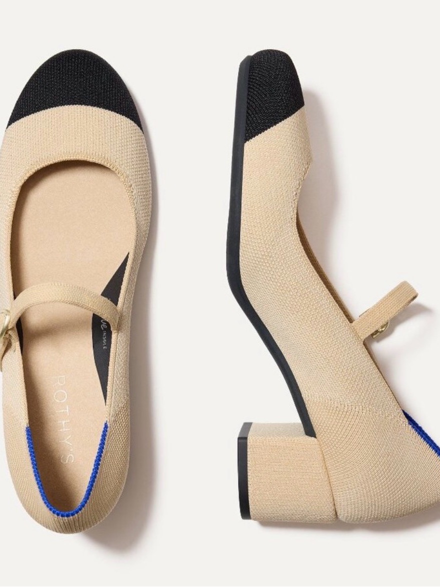 Rothy's Beige Knit Mary Jane With Black Toe And Blue Trim Block Heel